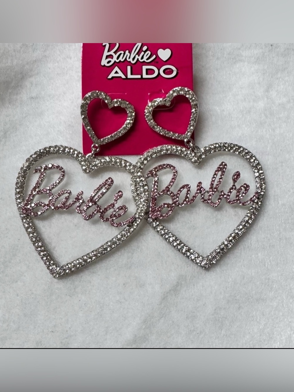 7.2cm ALDO  Silver Crystal Heart Drop Earrings with Pink Script